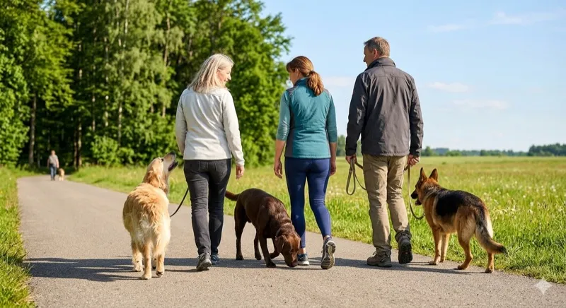 Drei Hundebesitzer mit ihren Hunden auf einem Feldweg
